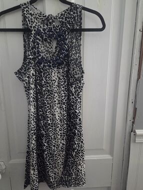 Cache Sleeveless Black & White Leopard Print Dress with Blue Gem Accent In Small